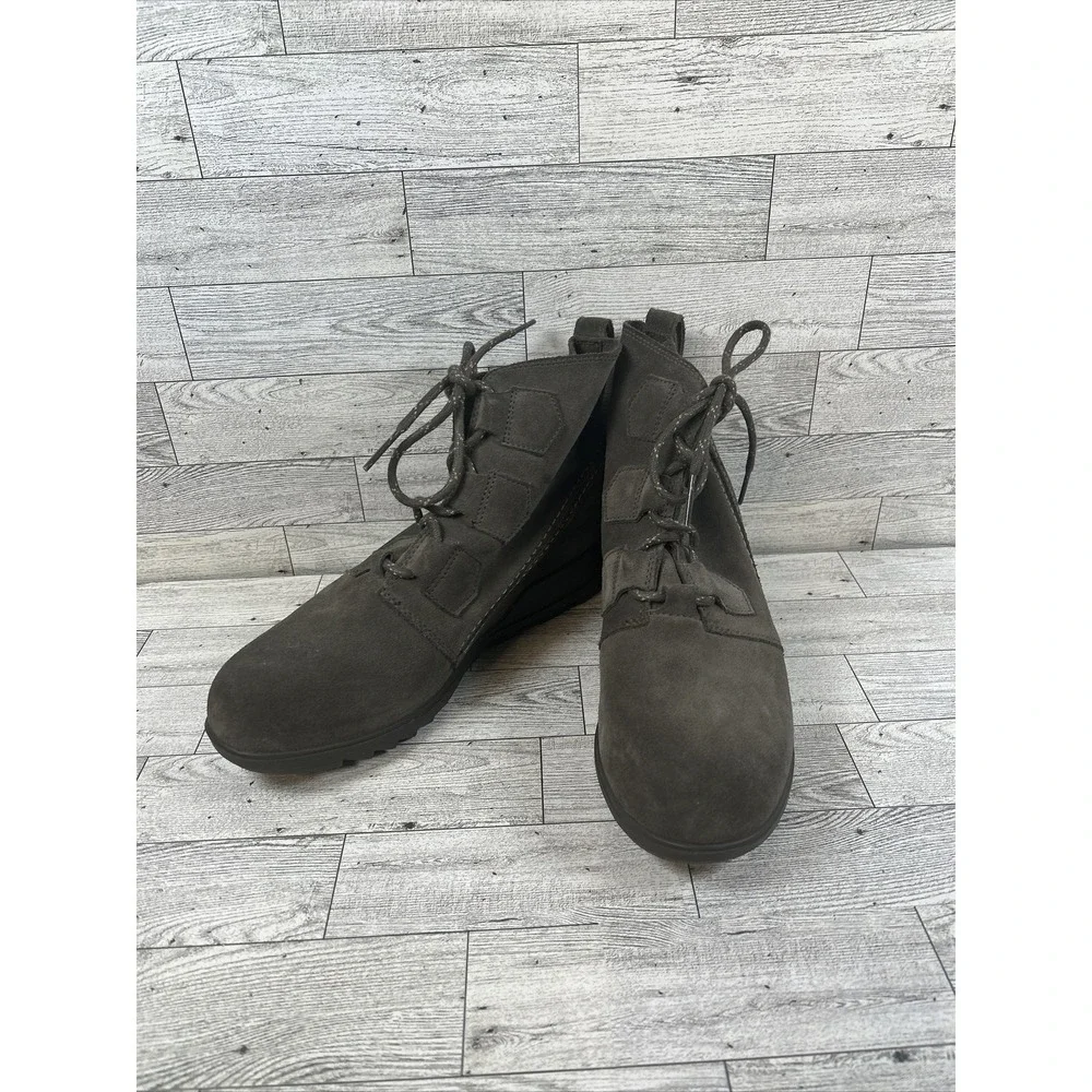 Sorel Evie Lace Major Wedge Boots Gray Suede Bootie Ankle Size 10 NL3322-245